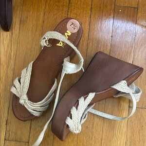 MIA Girl Braided Rope Wedge Sandals - Brown and Cream